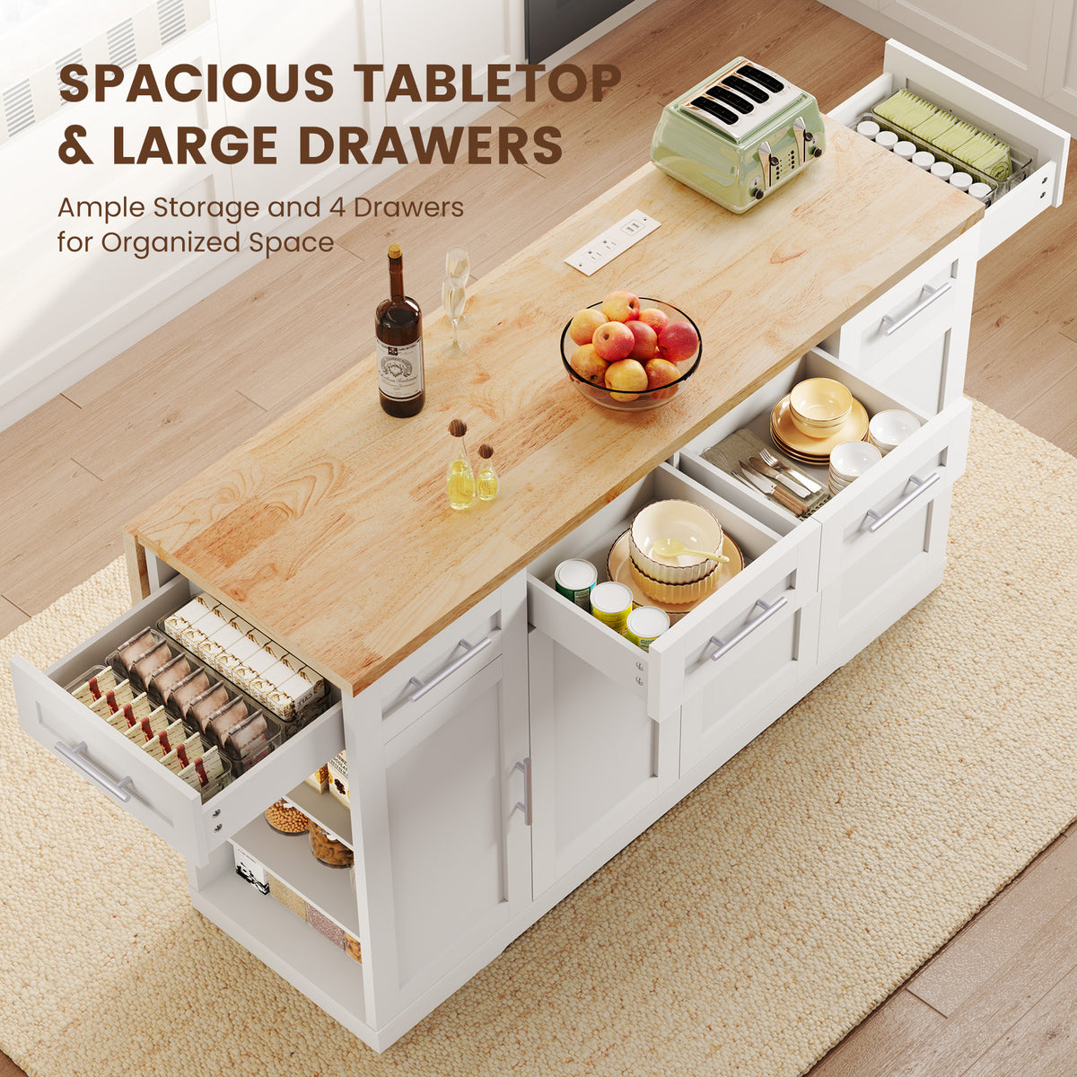 Dripex 53'' Rolling Kitchen Island with Power Outlet, Drop Leaf & Trash Can,White