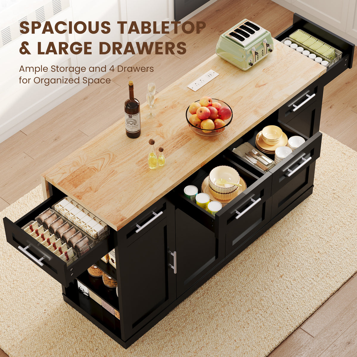 Dripex 53'' Rolling Kitchen Island with Power Outlet, Drop Leaf & Trash Can,Black