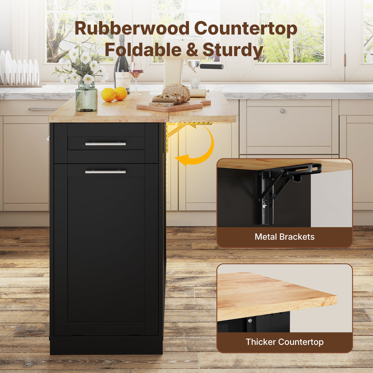 Dripex 41.5'' Kitchen Island with Power Outlet, Trash Cabinet & Storage,Black