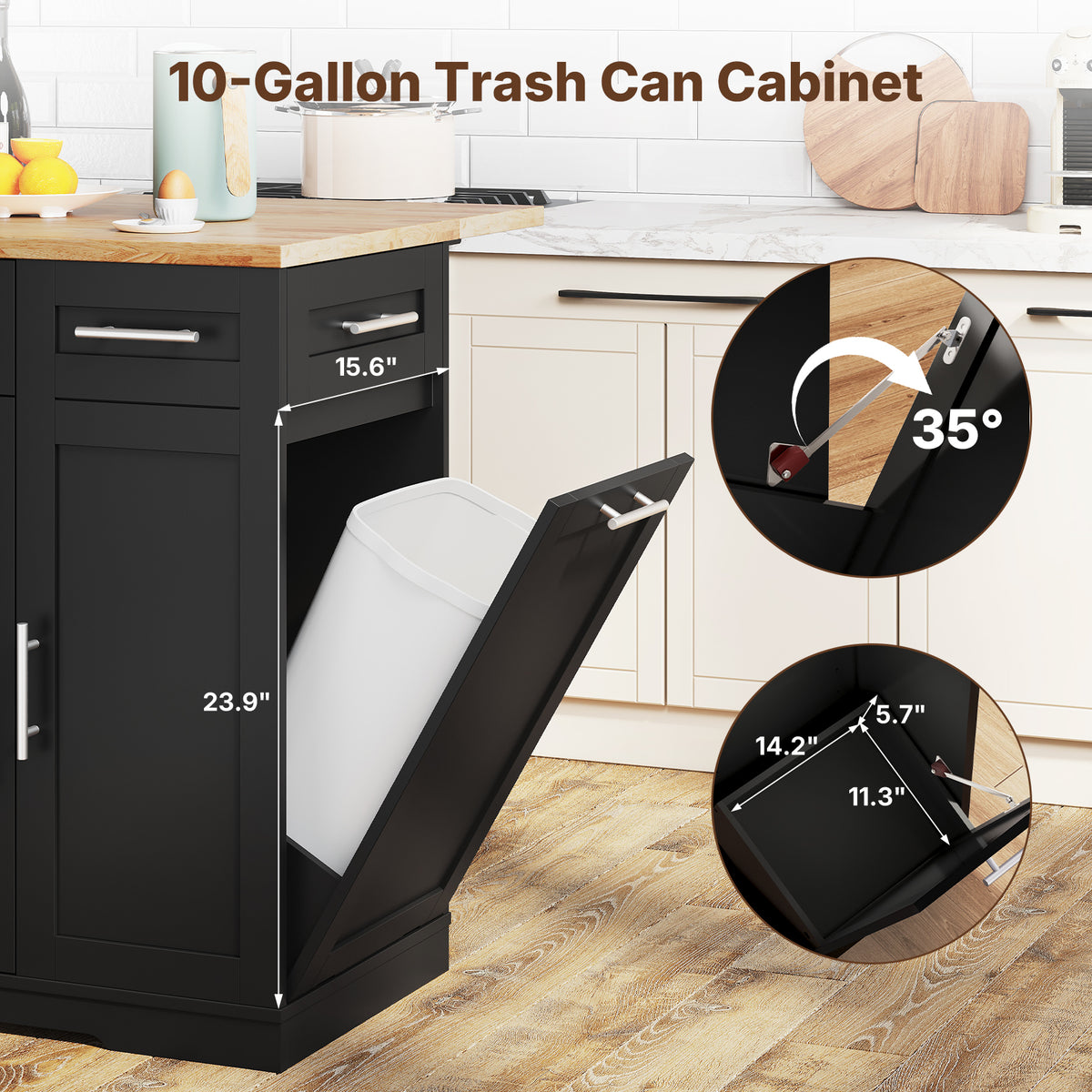 Dripex 41.5'' Kitchen Island with Power Outlet, Trash Cabinet & Storage,Black