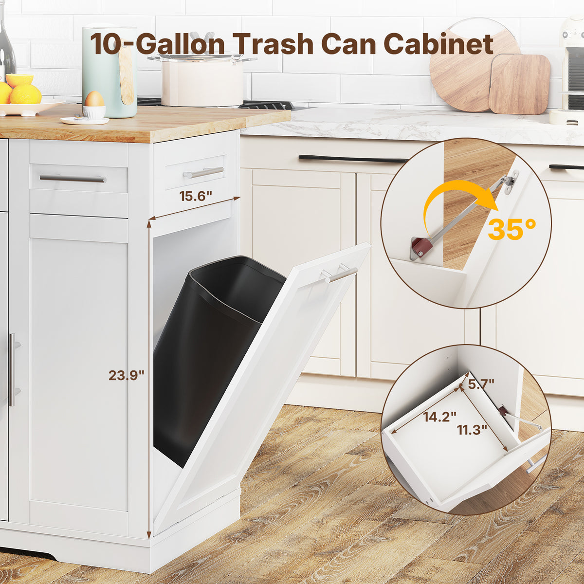 Dripex 41.5'' Kitchen Island with Power Outlet, Trash Cabinet & Storage,White
