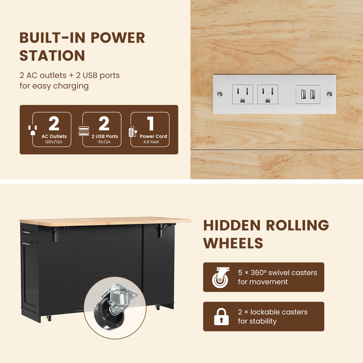 Dripex 53'' Rolling Kitchen Island with Power Outlet, Drop Leaf & Trash Can,Black