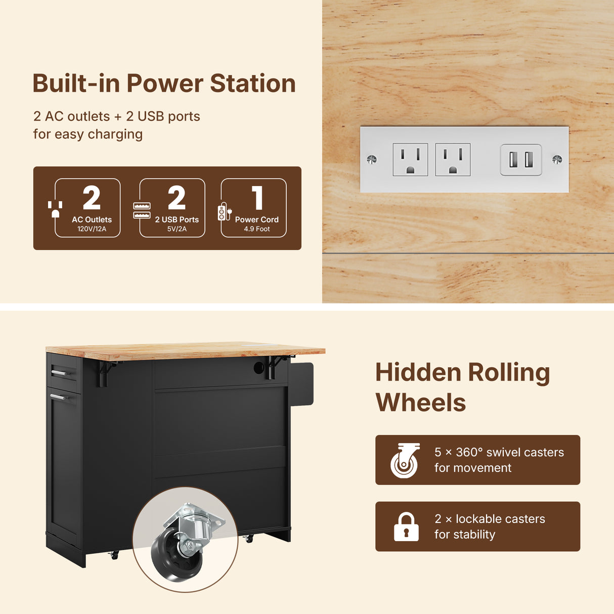 Dripex 41.5'' Kitchen Island with Power Outlet, Trash Cabinet & Storage,Black