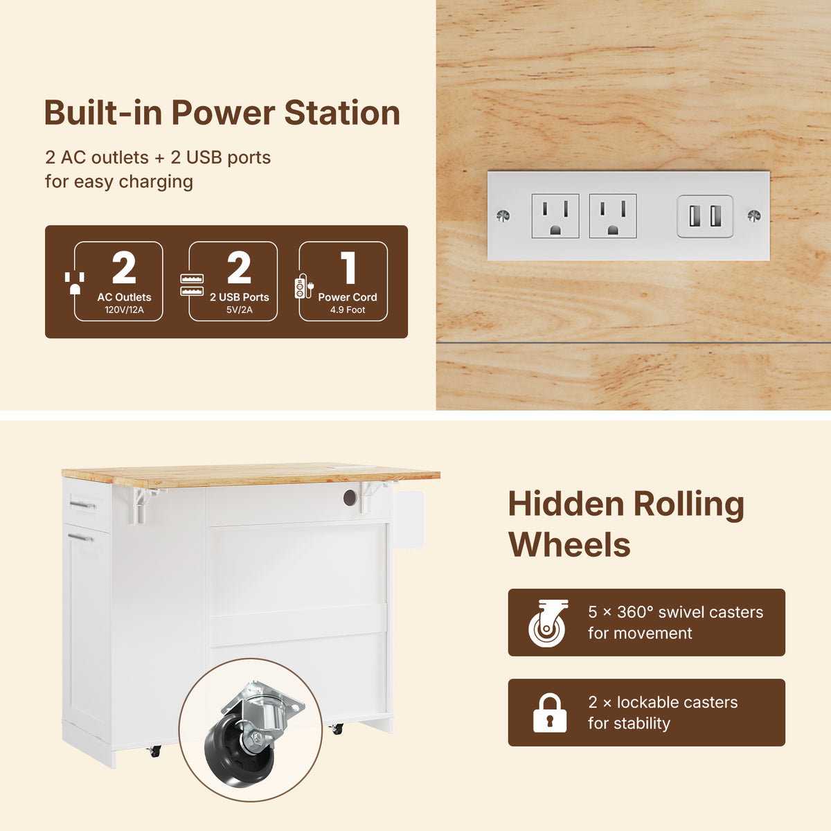 Dripex 41.5'' Kitchen Island with Power Outlet, Trash Cabinet & Storage,White