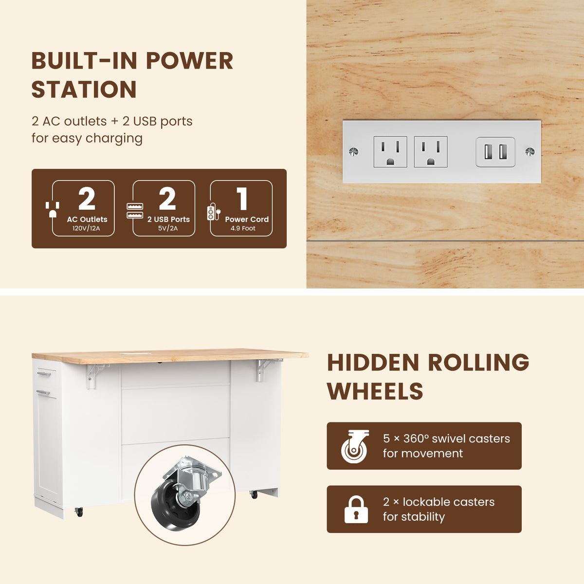 Dripex 53'' Rolling Kitchen Island with Power Outlet, Drop Leaf & Trash Can,White
