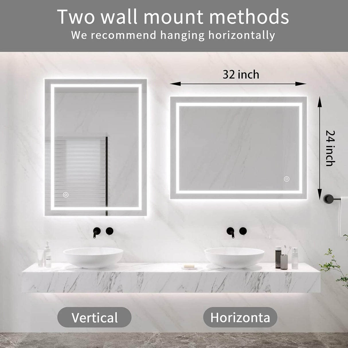 Dripex 32 x 24 Inch Waterproof and Touch Button LED Vanity Bathroom Anti-Fog Wall Mounted Makeup Mirror