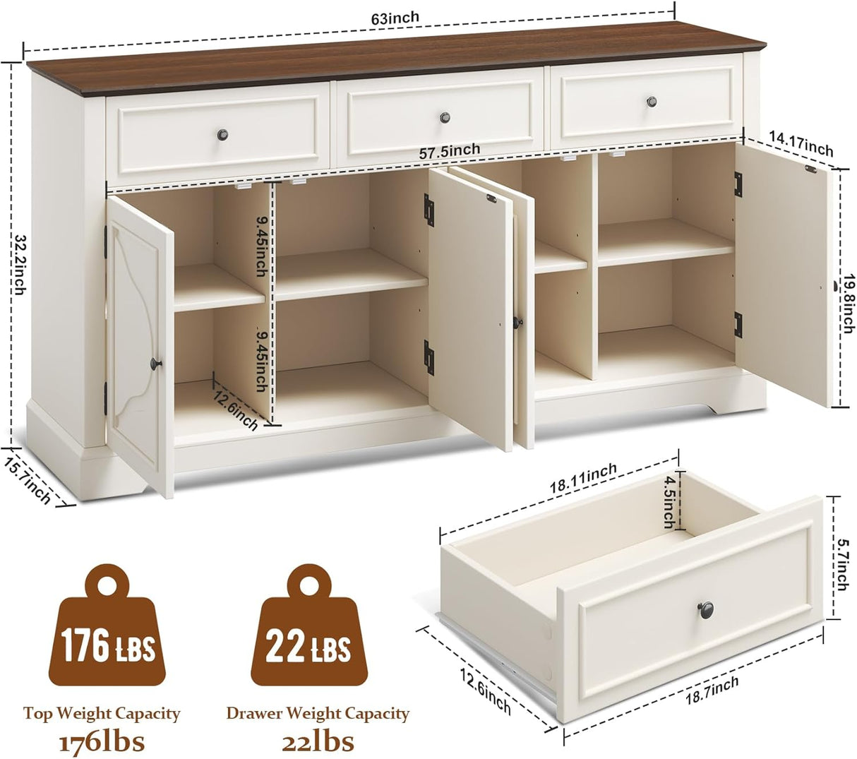 Dripex 63" Buffet Sideboard Cabinet with Storage