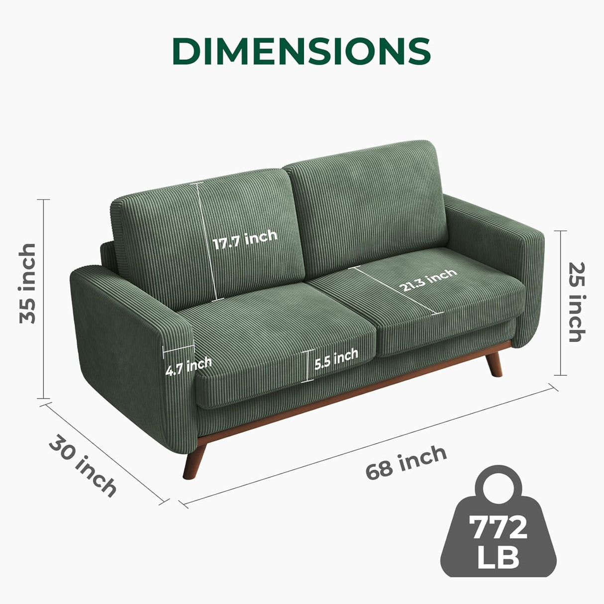 68" Loveseat Sofa Comfy Corduroy Couch with Spring Cushion