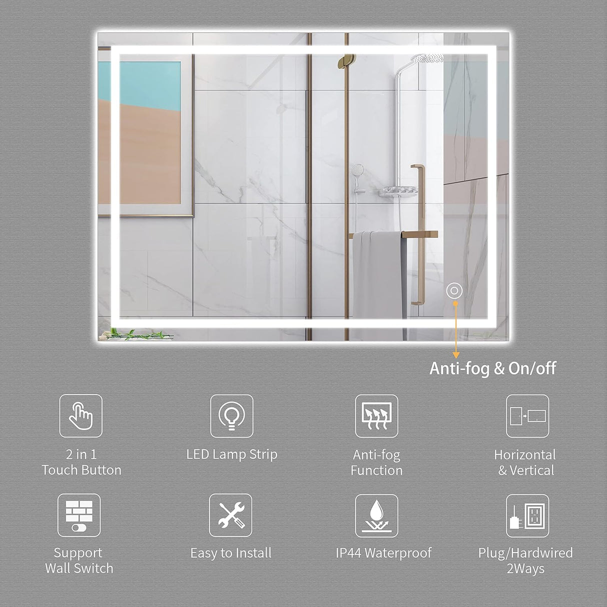 Dripex 32 x 24 Inch Waterproof and Touch Button LED Vanity Bathroom Anti-Fog Wall Mounted Makeup Mirror