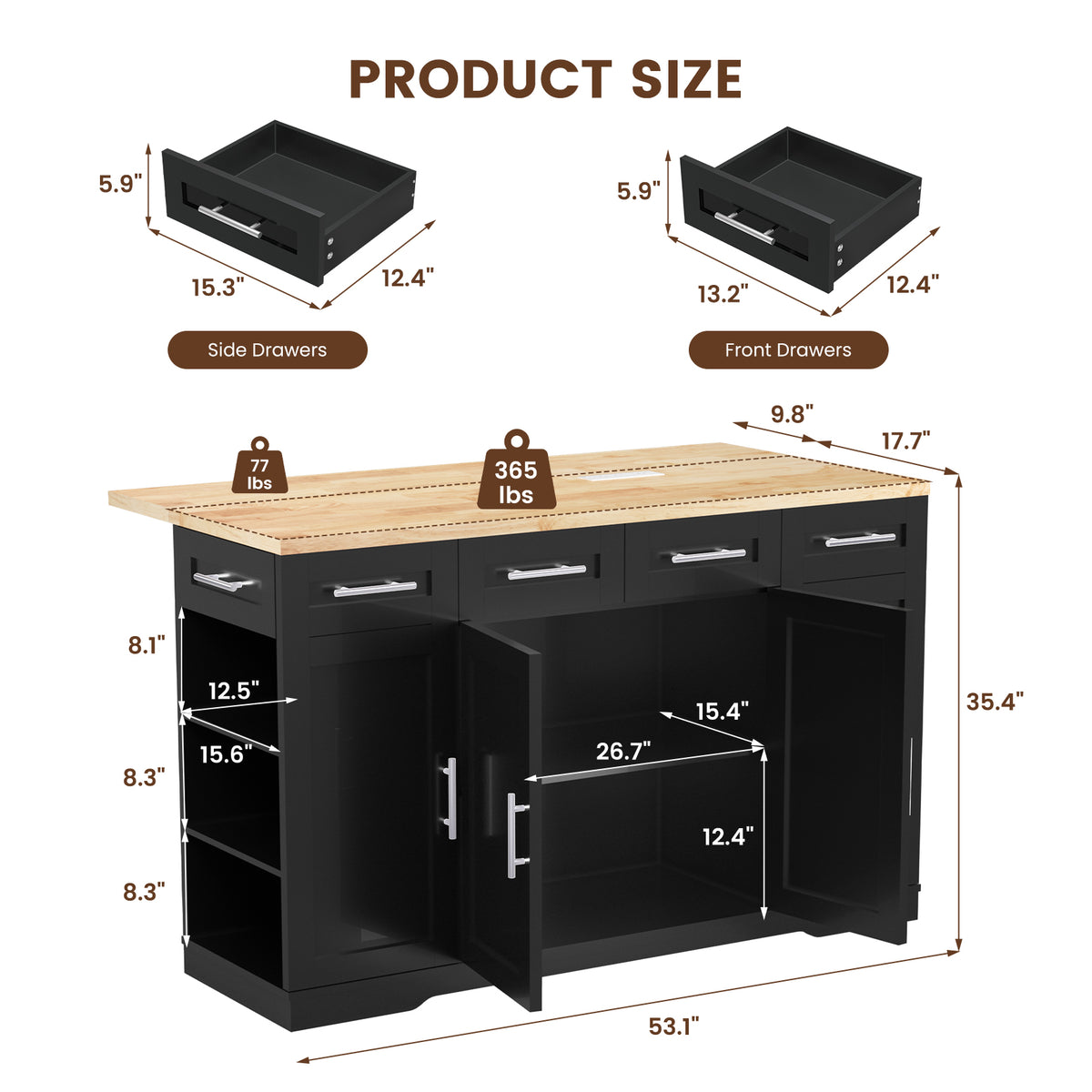 Dripex 53'' Rolling Kitchen Island with Power Outlet, Drop Leaf & Trash Can,Black