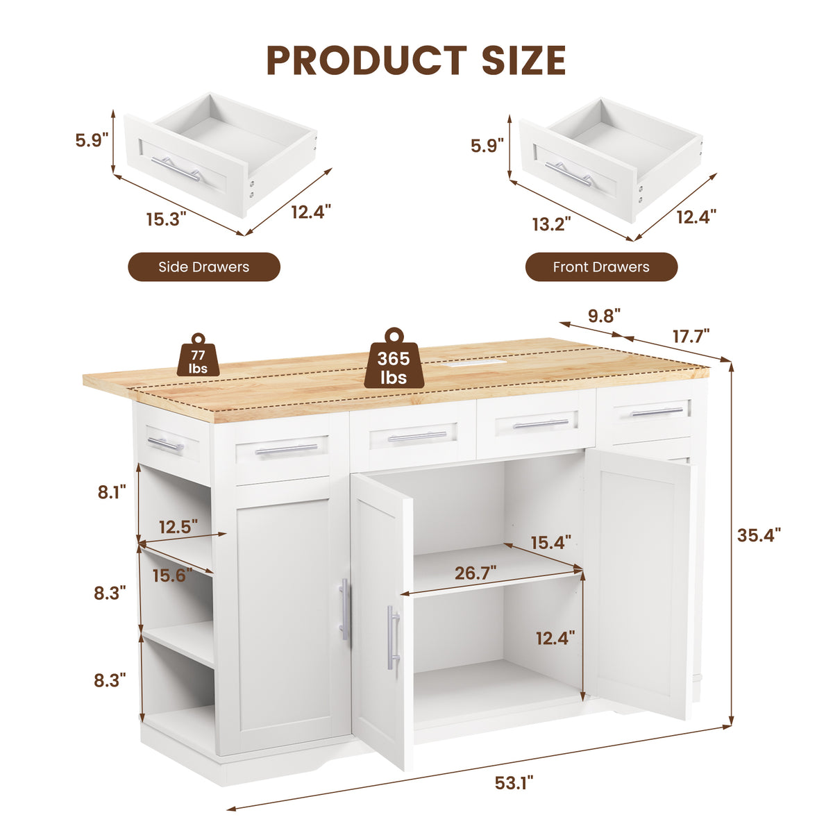 Dripex 53'' Rolling Kitchen Island with Power Outlet, Drop Leaf & Trash Can,White