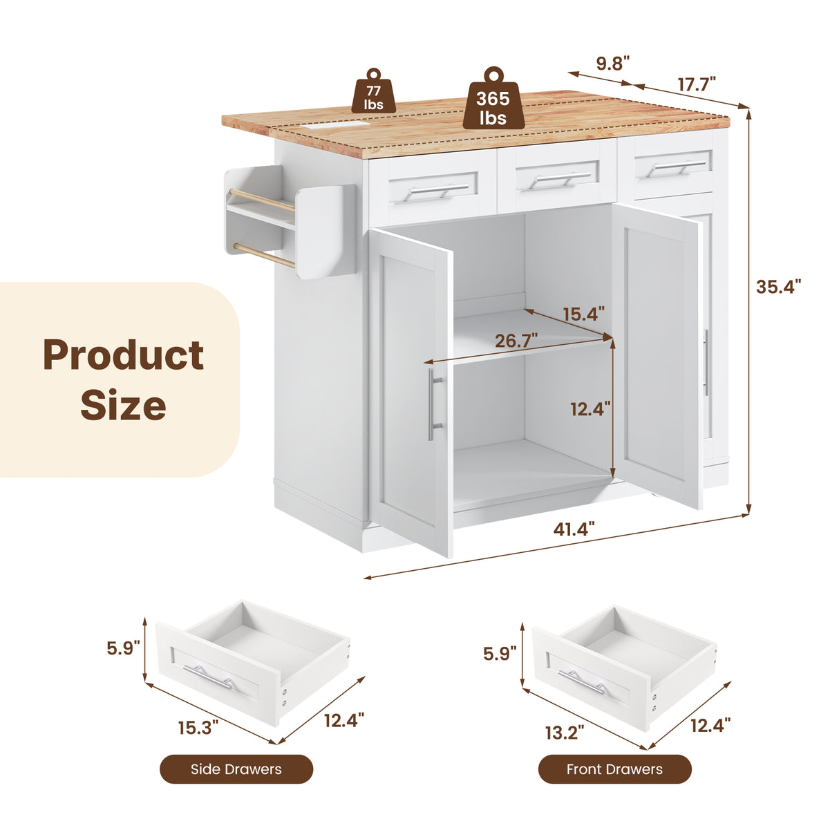 Dripex 41.5'' Kitchen Island with Power Outlet, Trash Cabinet & Storage,White