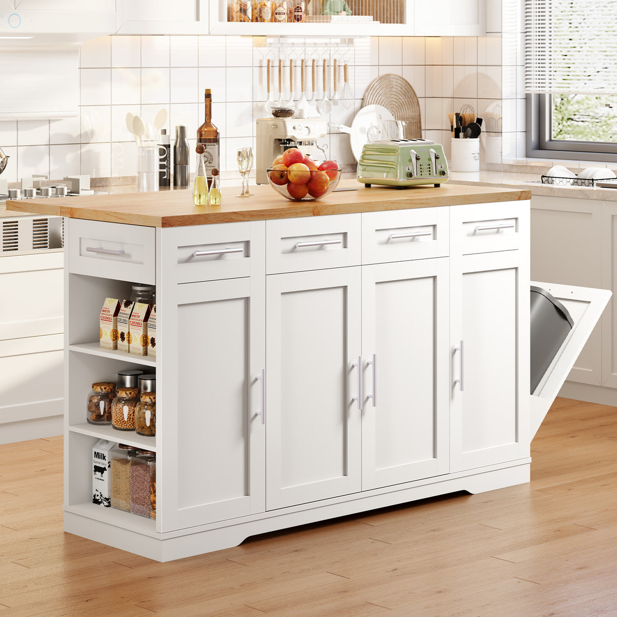 Dripex 53'' Rolling Kitchen Island with Power Outlet, Drop Leaf & Trash Can,White