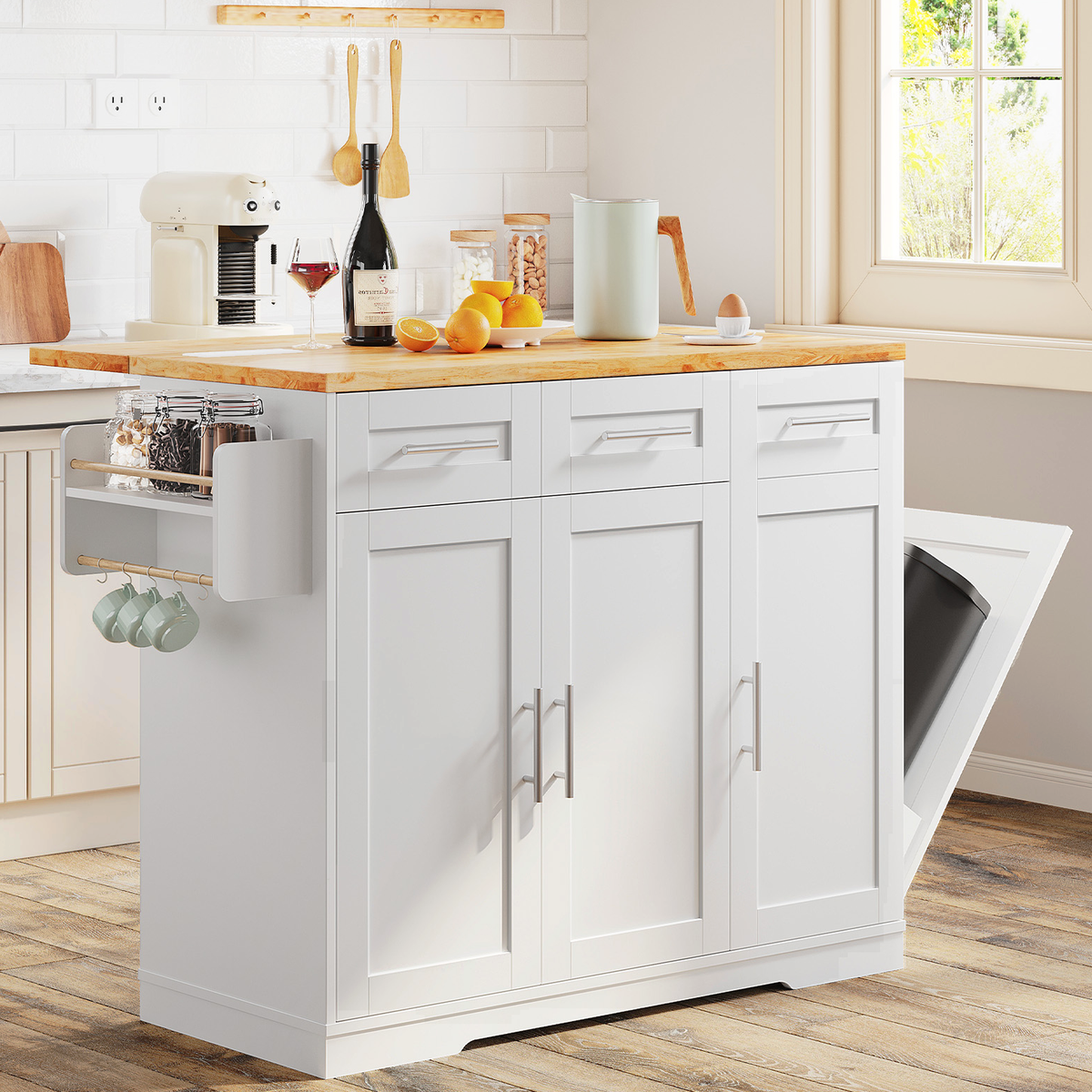 Dripex 41.5'' Kitchen Island with Power Outlet, Trash Cabinet & Storage,White