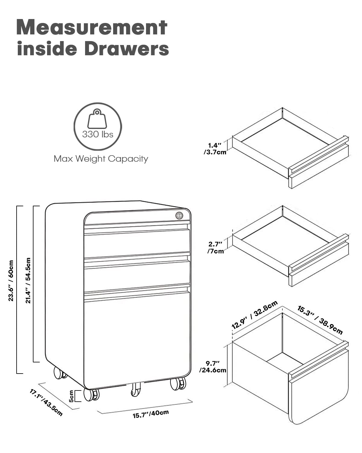 Dripex Metal Filing Cabinets with Lock Wheels & Hanging 3 Drawer File Cabinet