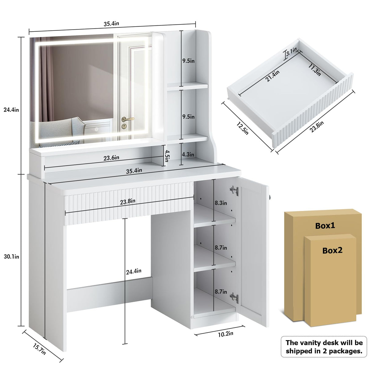 Dripex Makeup Vanity Desk with Mirror and Lights Bedroom Dressing Table