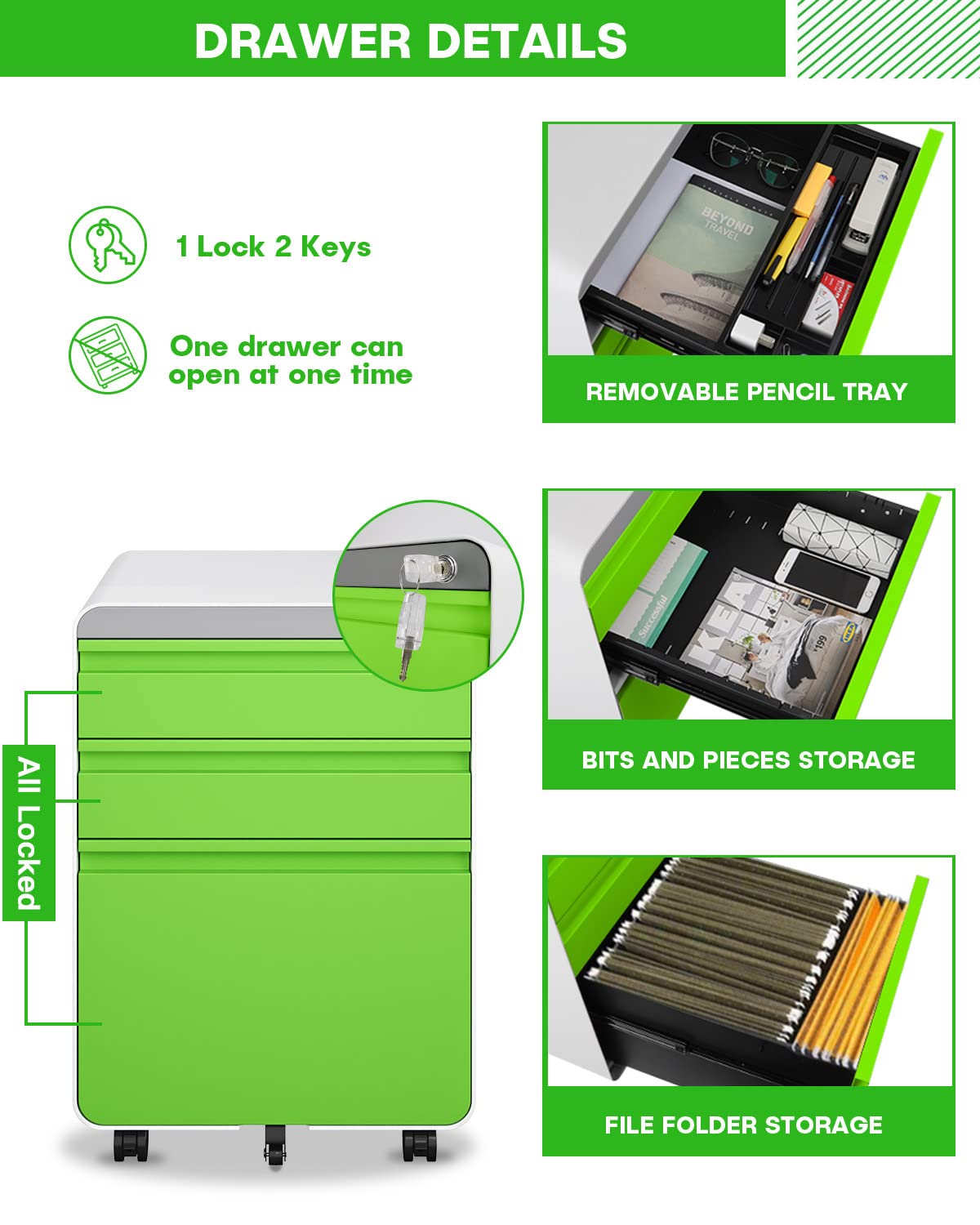 Dripex Metal Filing Cabinets with Lock Wheels & Hanging 3 Drawer File Cabinet