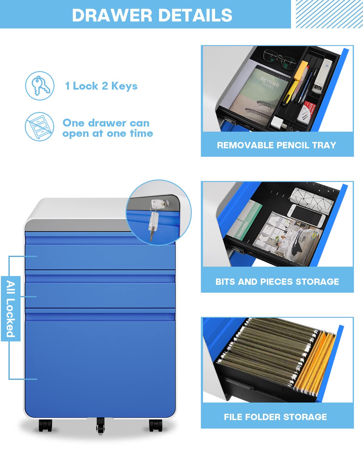 Dripex Metal Filing Cabinets with Lock Wheels & Hanging 3 Drawer File Cabinet