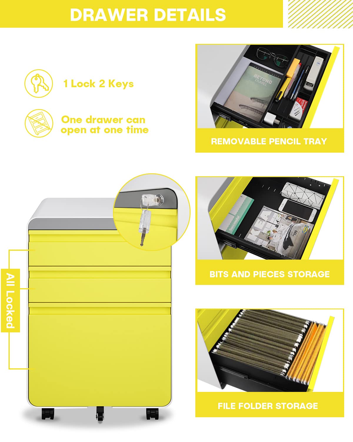 Dripex Metal Filing Cabinets with Lock Wheels & Hanging 3 Drawer File Cabinet