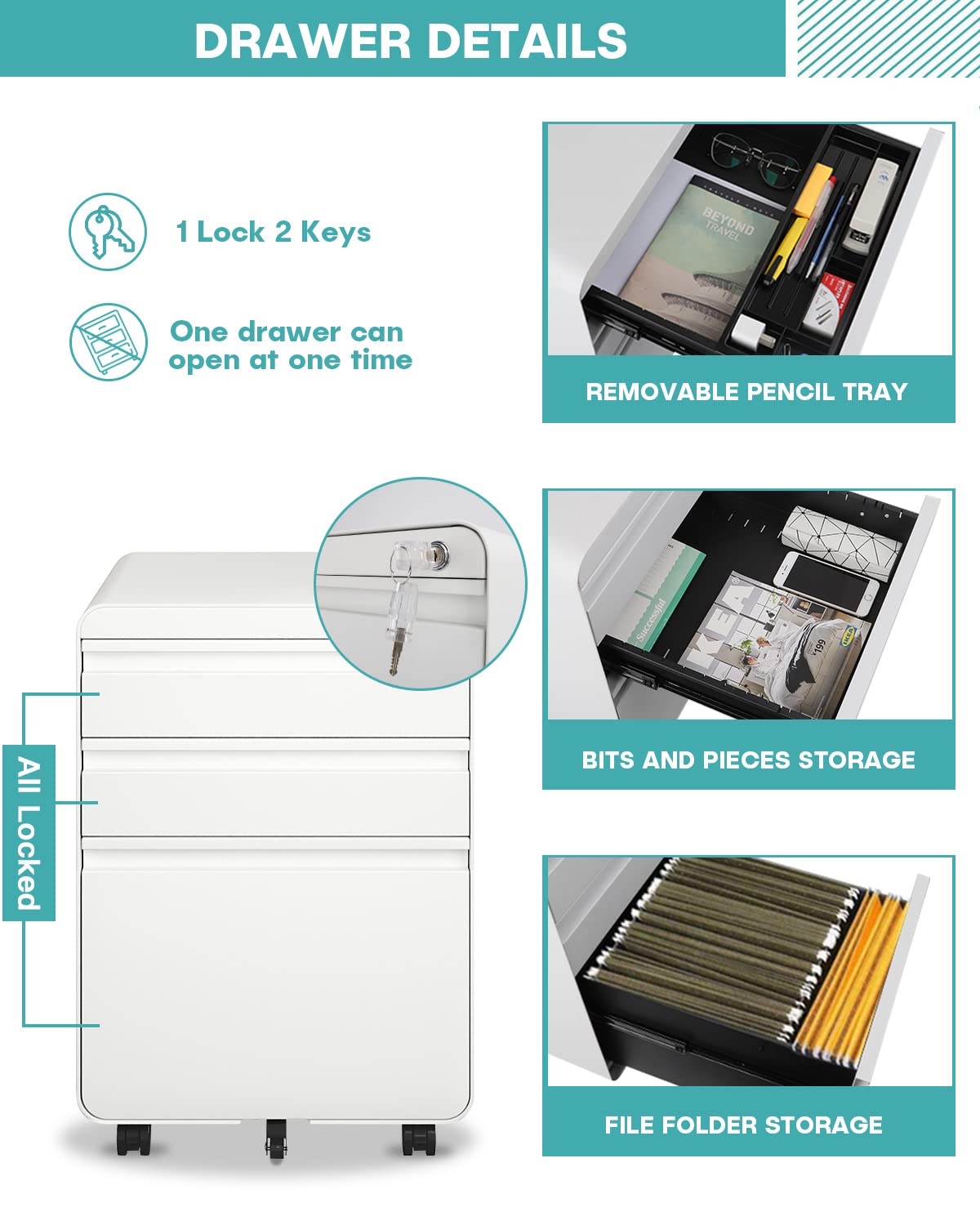 Dripex Metal Filing Cabinets with Lock Wheels & Hanging 3 Drawer File Cabinet