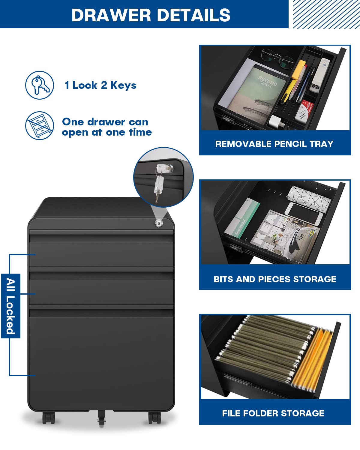 Dripex Metal Filing Cabinets with Lock Wheels & Hanging 3 Drawer File Cabinet