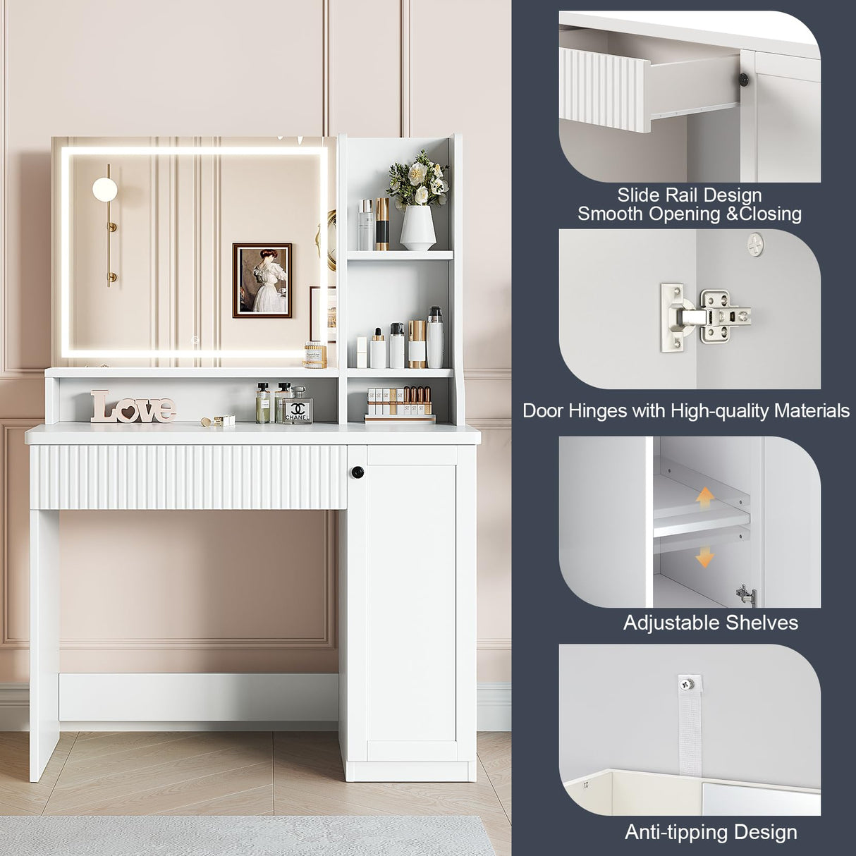 Dripex Makeup Vanity Desk with Mirror and Lights Bedroom Dressing Table