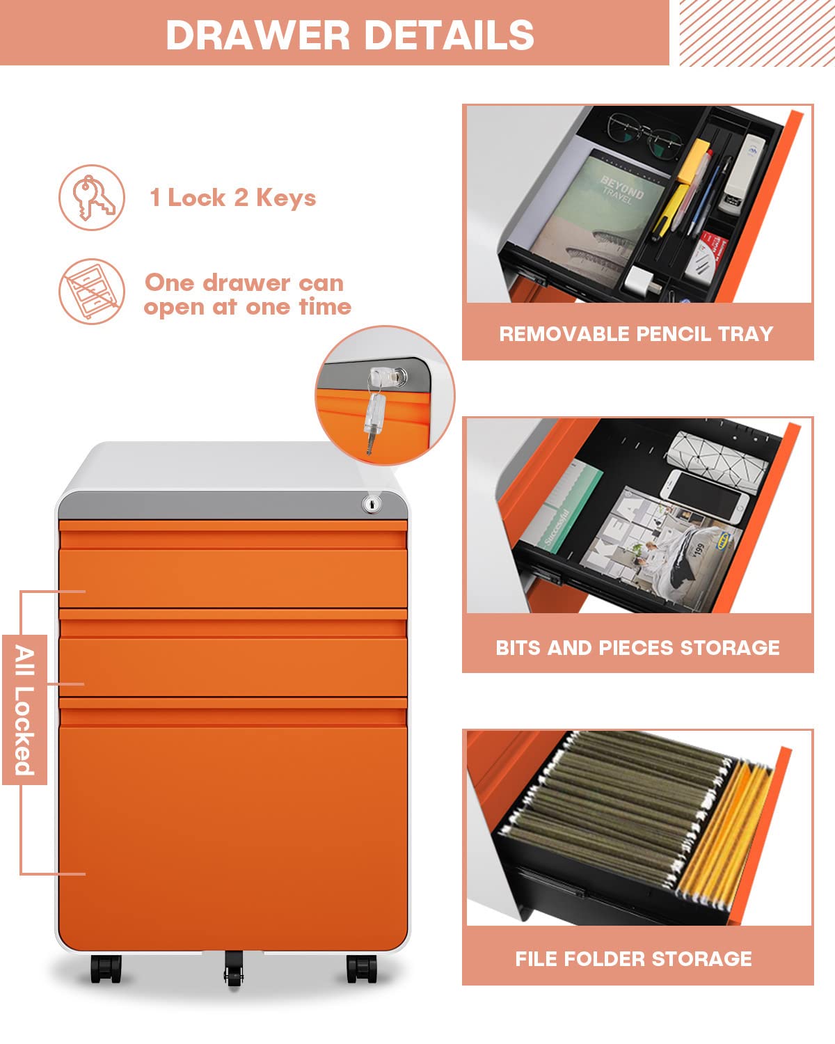 Dripex Metal Filing Cabinets with Lock Wheels & Hanging 3 Drawer File Cabinet