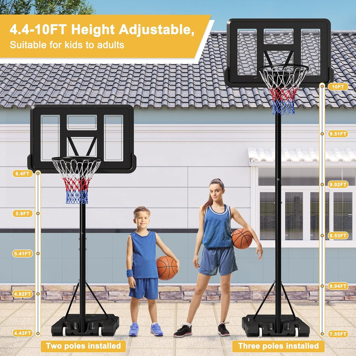 Dripex Basketball Hoop Outdoor Adjustable Height Goal Portable Basketball
