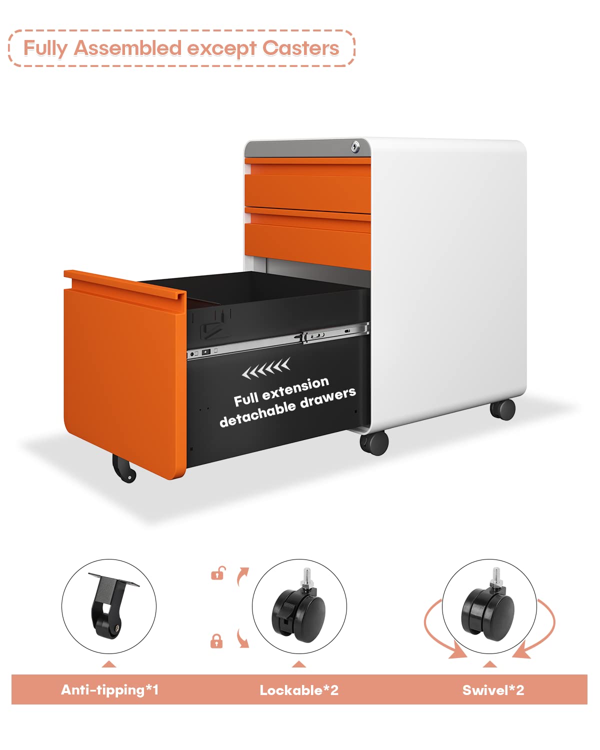 Dripex Metal Filing Cabinets with Lock Wheels & Hanging 3 Drawer File Cabinet