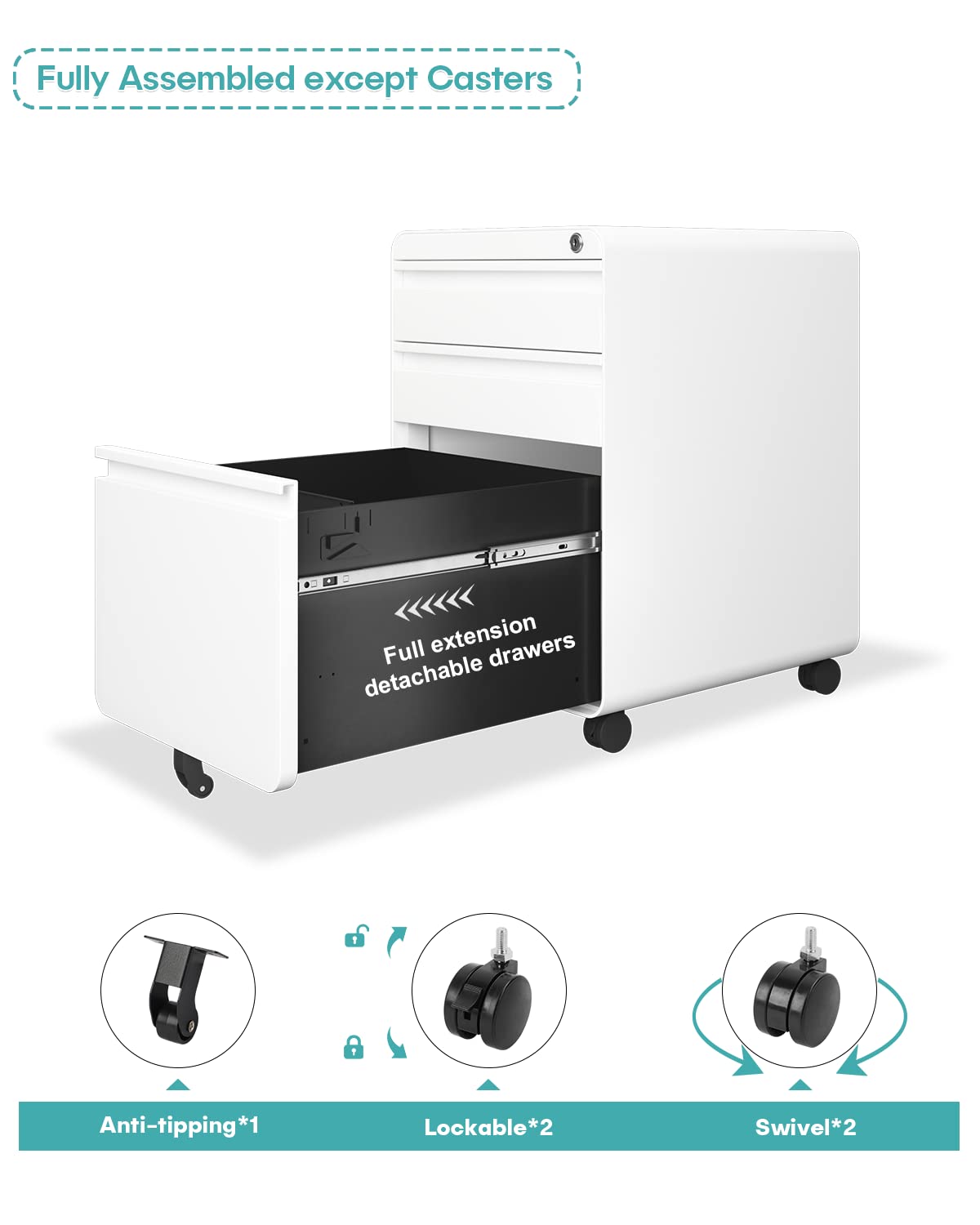 Dripex Metal Filing Cabinets with Lock Wheels & Hanging 3 Drawer File Cabinet