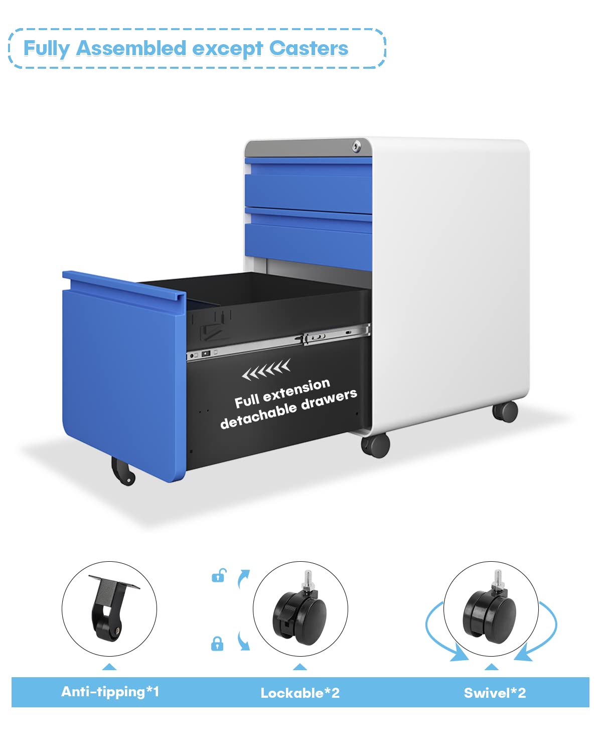 Dripex Metal Filing Cabinets with Lock Wheels & Hanging 3 Drawer File Cabinet