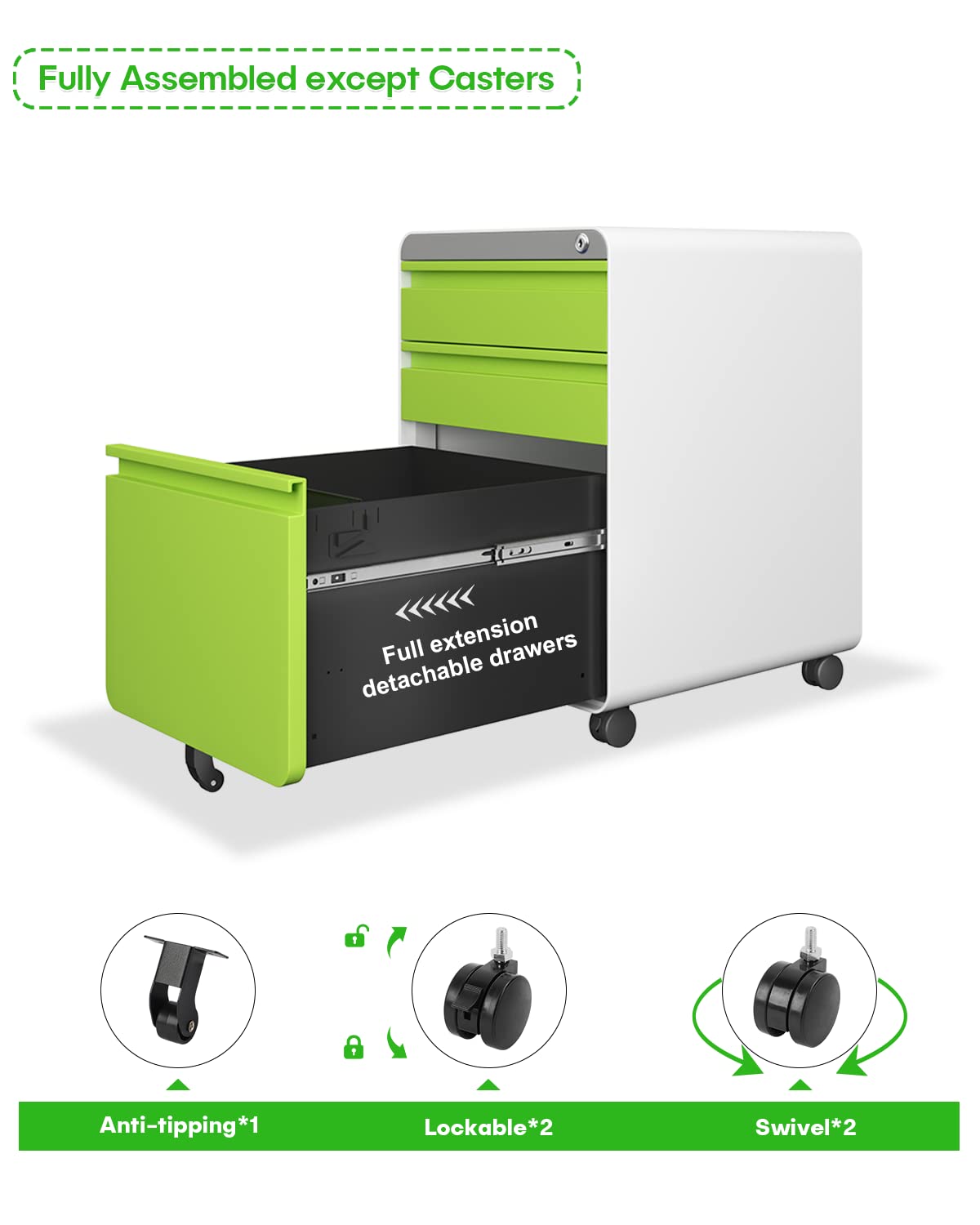 Dripex Metal Filing Cabinets with Lock Wheels & Hanging 3 Drawer File Cabinet