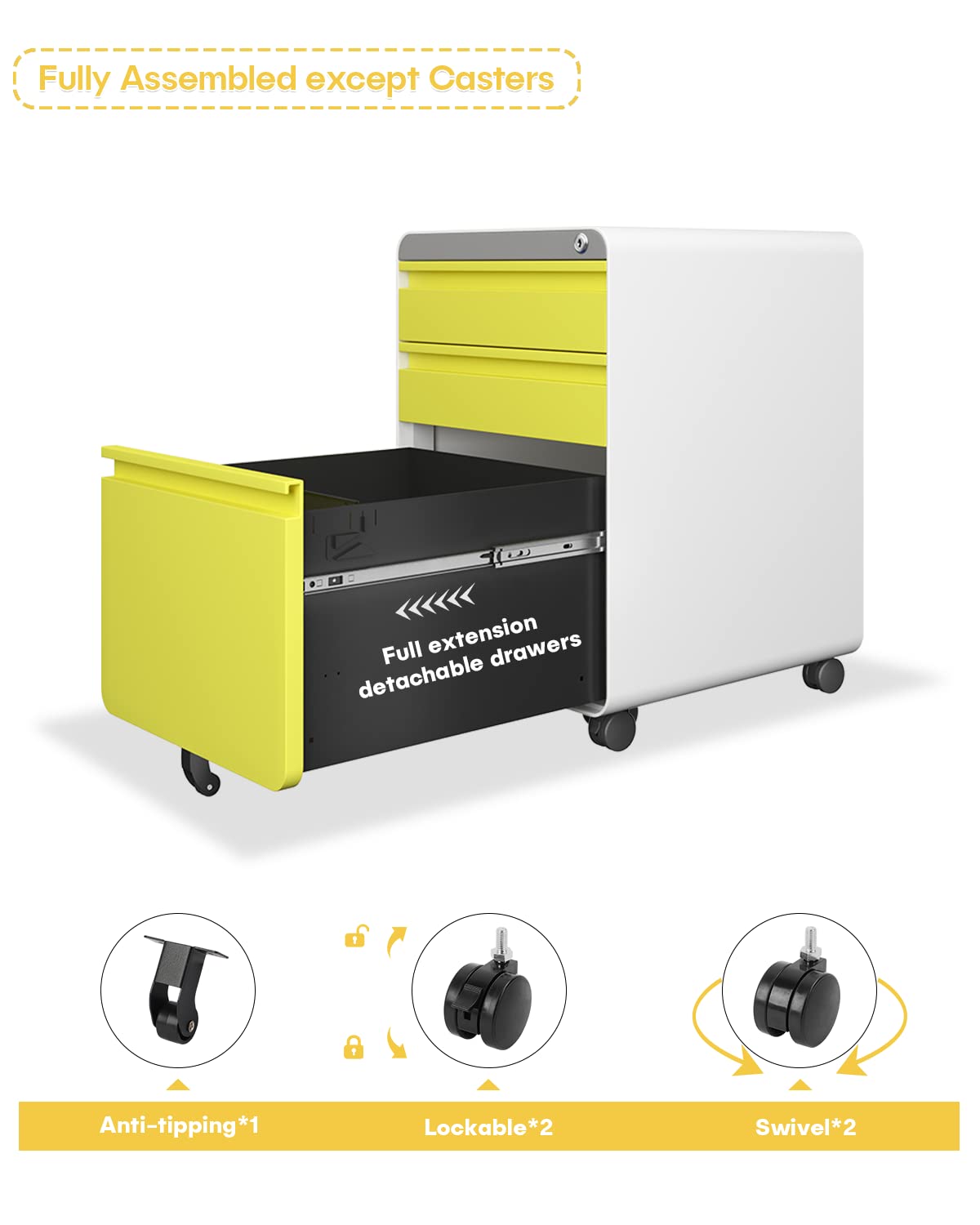 Dripex Metal Filing Cabinets with Lock Wheels & Hanging 3 Drawer File Cabinet