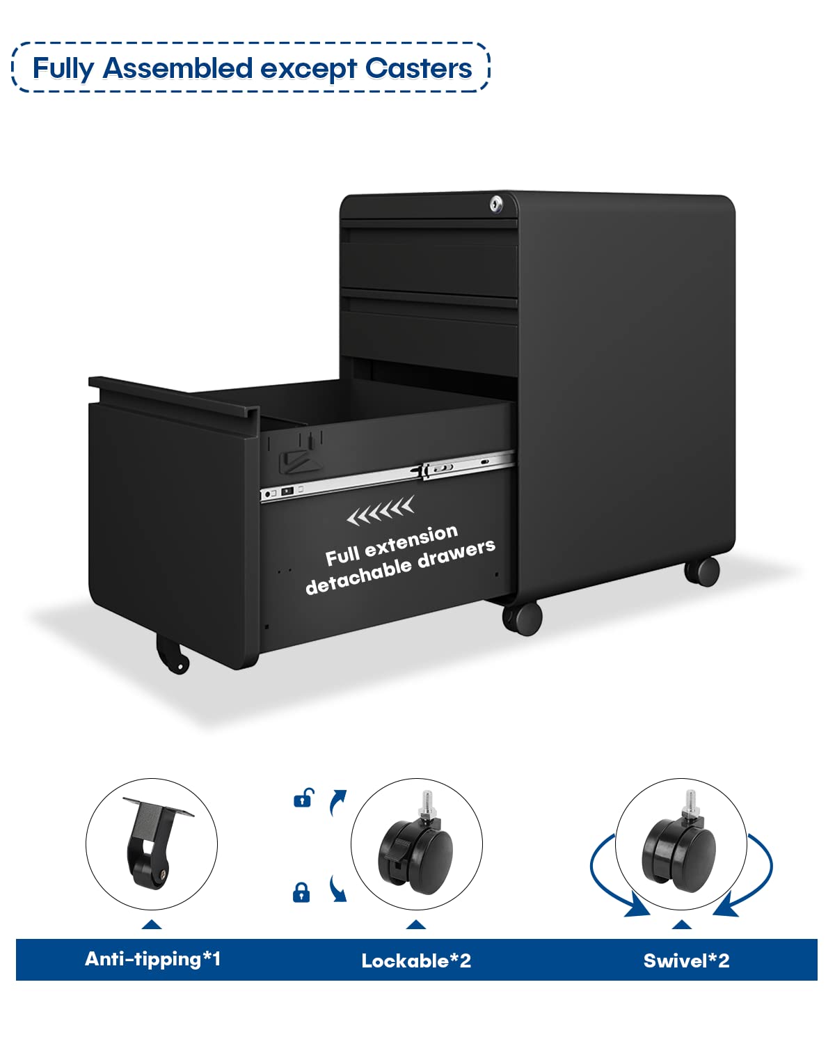 Dripex Metal Filing Cabinets with Lock Wheels & Hanging 3 Drawer File Cabinet