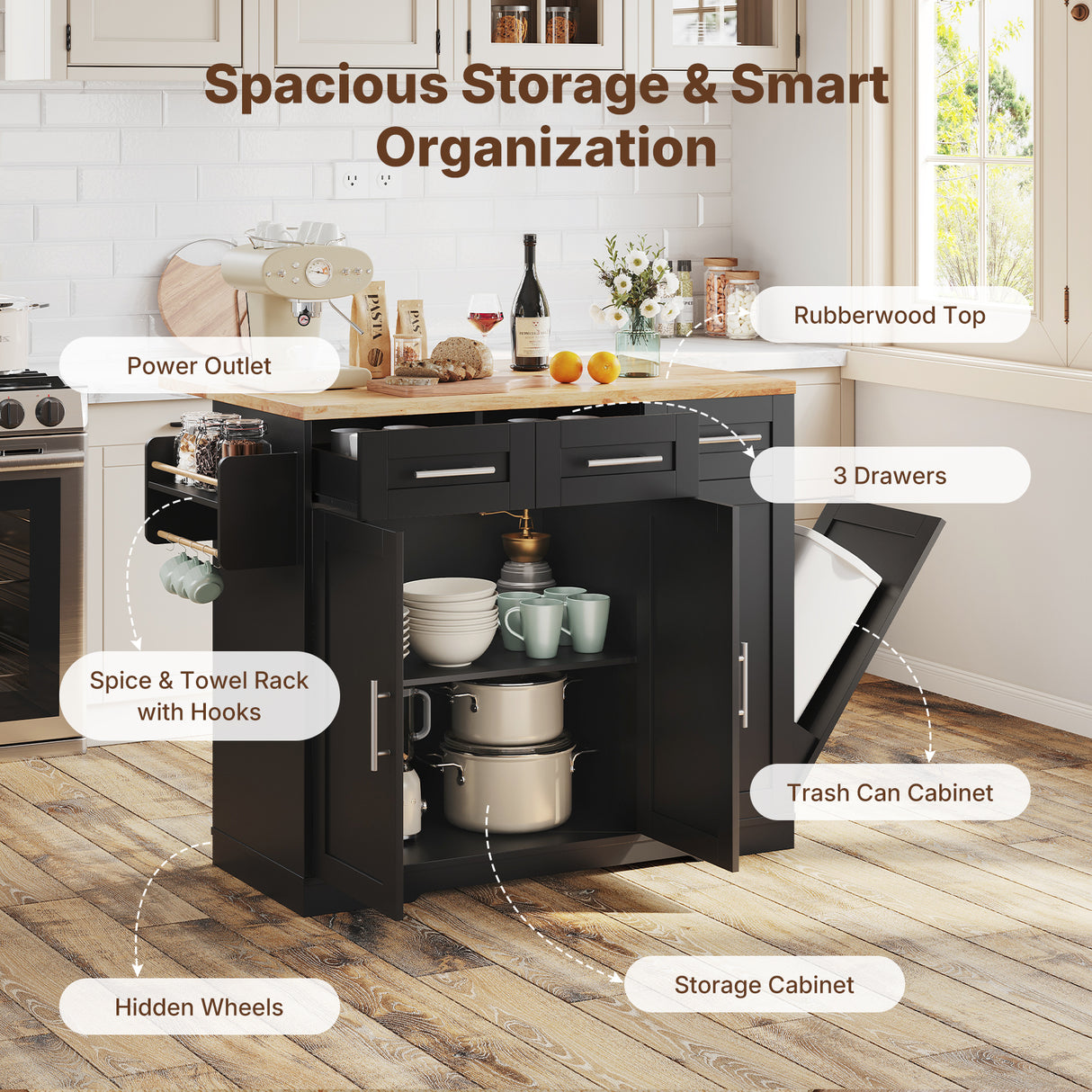 Dripex 41.5'' Kitchen Island with Power Outlet, Trash Cabinet & Storage，Black