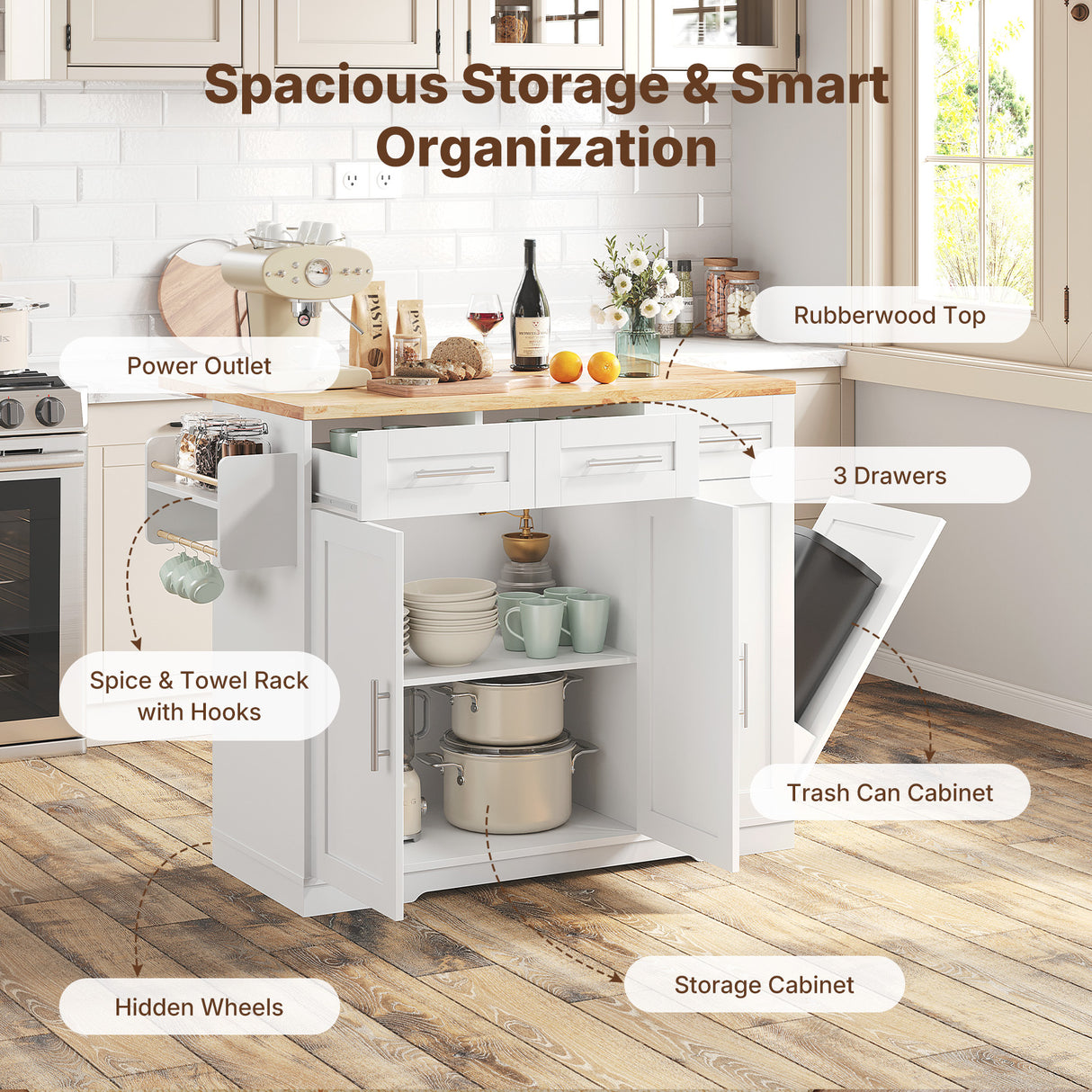 Dripex 41.5'' Kitchen Island with Power Outlet, Trash Cabinet & Storage，White