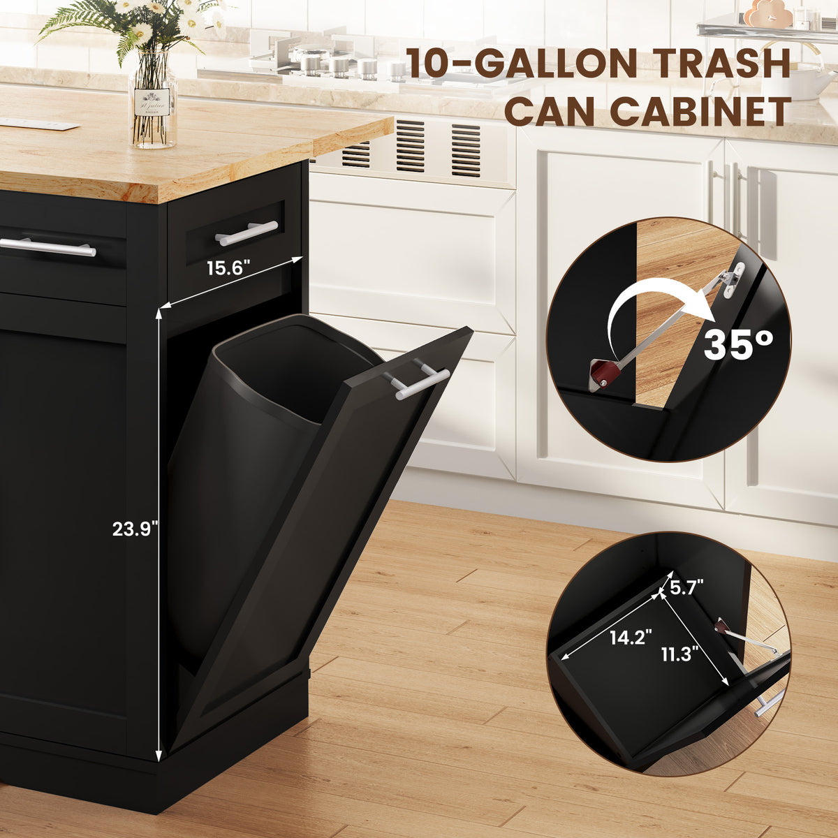 Dripex 53'' Rolling Kitchen Island with Power Outlet, Drop Leaf & Trash Can，Black