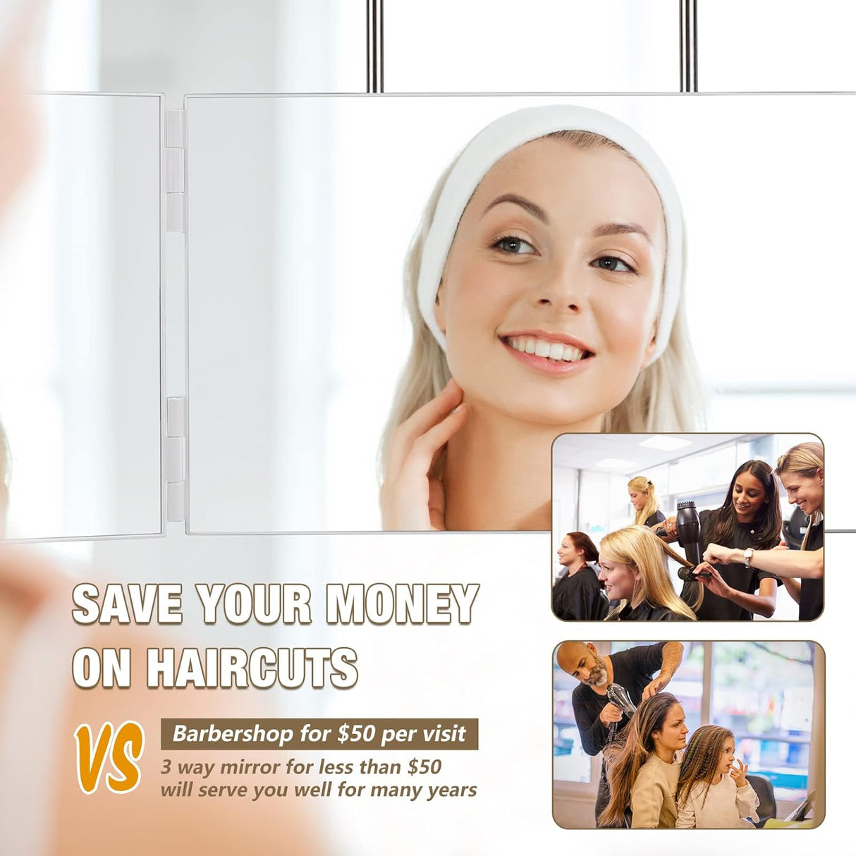 Dripex 3 Way Mirror for Self Hair Cutting, Rechargeable 360° Mirror with LED Lights