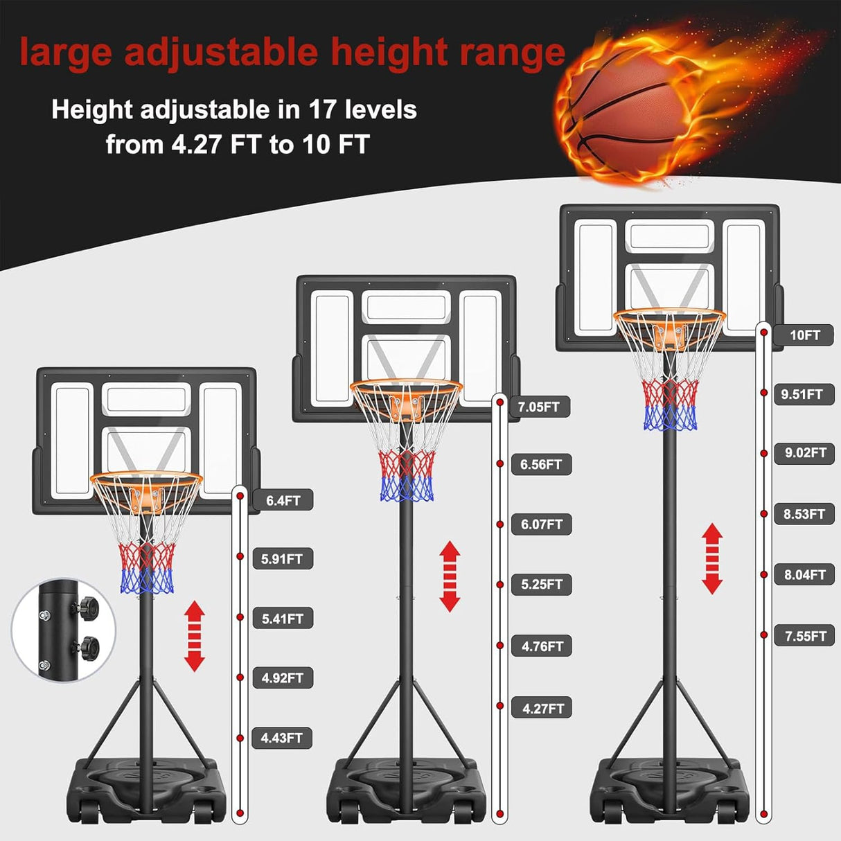 Dripex Basketball Hoop Outdoor Adjustable Height Goal Portable Basketball