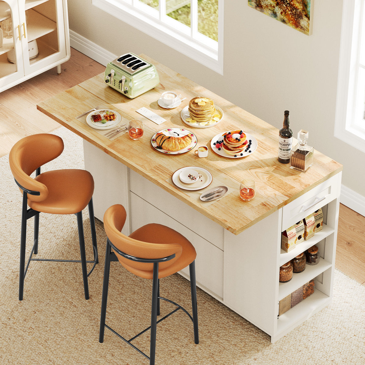 Dripex 53'' Rolling Kitchen Island with Power Outlet, Drop Leaf & Trash Can，White