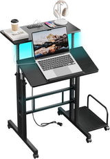 Dripex Mobile Standing Desk with Power Outlets & Strip Lights Rolling Computer Desk