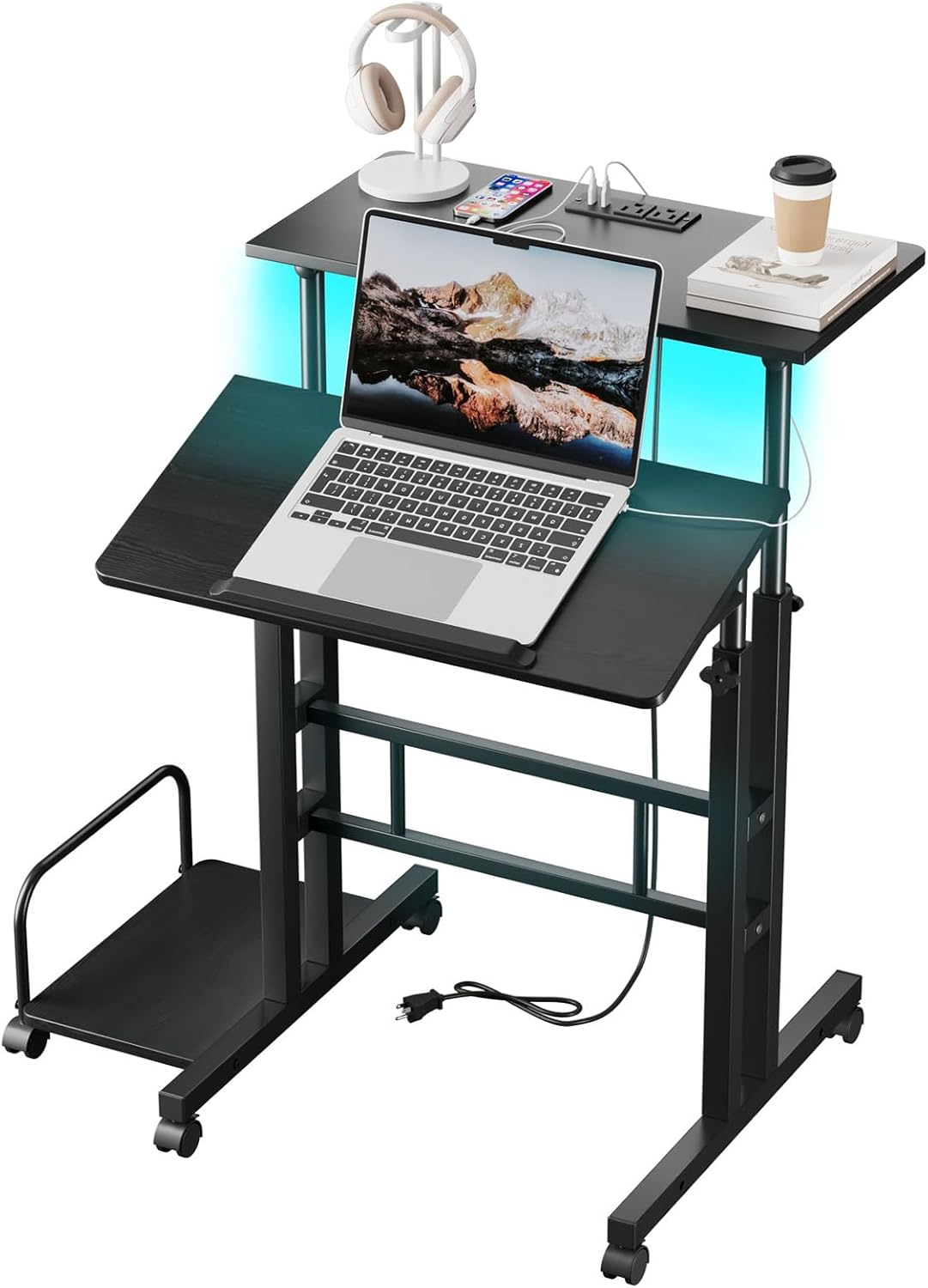 Dripex Mobile Standing Desk with Power Outlets & Strip Lights