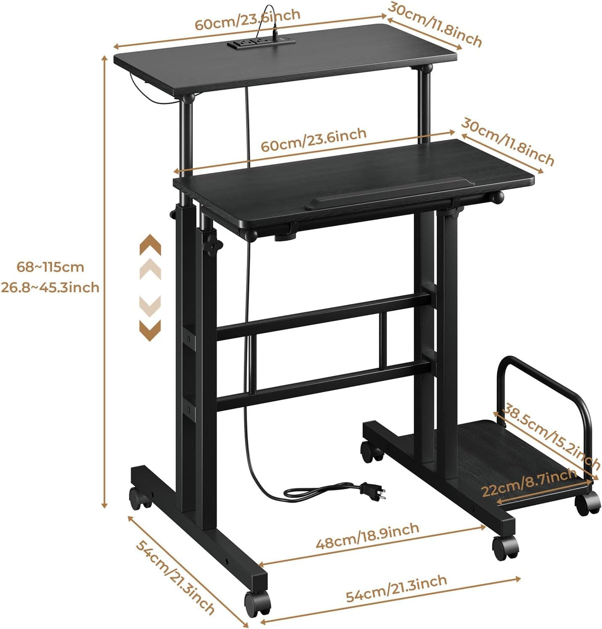 Dripex Mobile Standing Desk with Power Outlets & Strip Lights