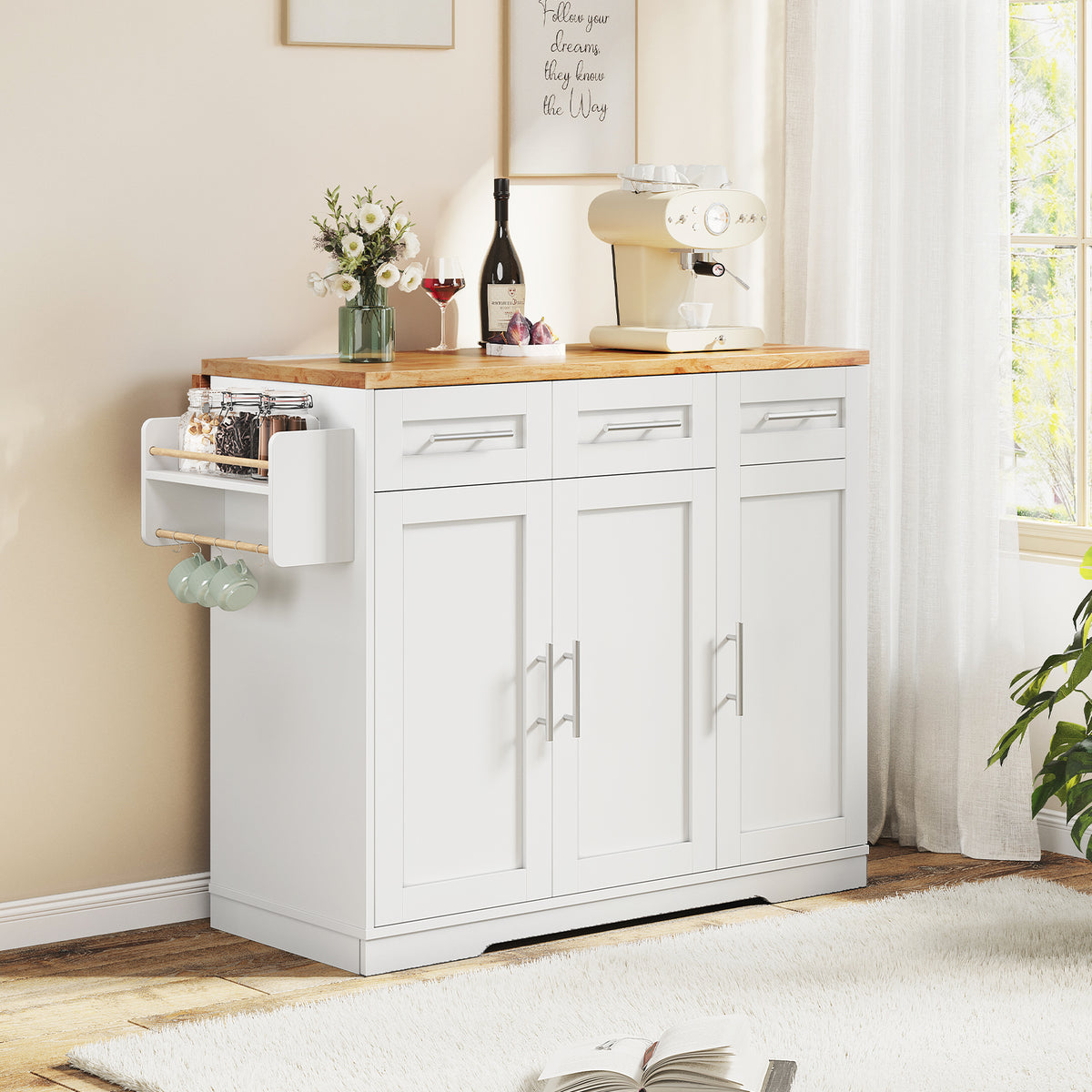 Dripex 41.5'' Kitchen Island with Power Outlet, Trash Cabinet & Storage，White