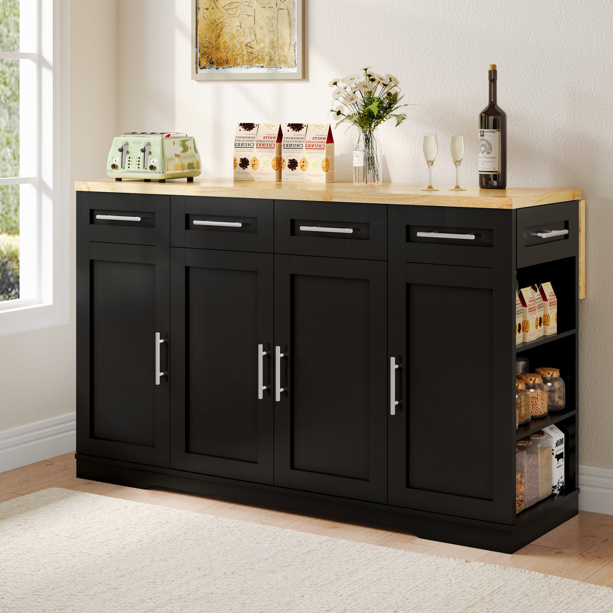 Dripex 53'' Rolling Kitchen Island with Power Outlet, Drop Leaf & Trash Can，Black