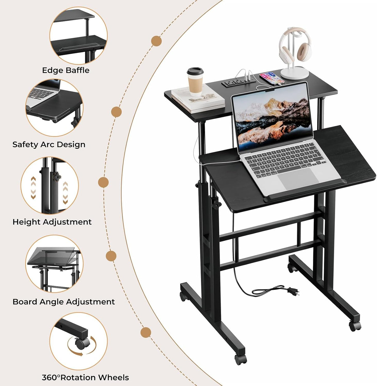 Dripex Mobile Standing Desk with Power Outlets & Strip Lights