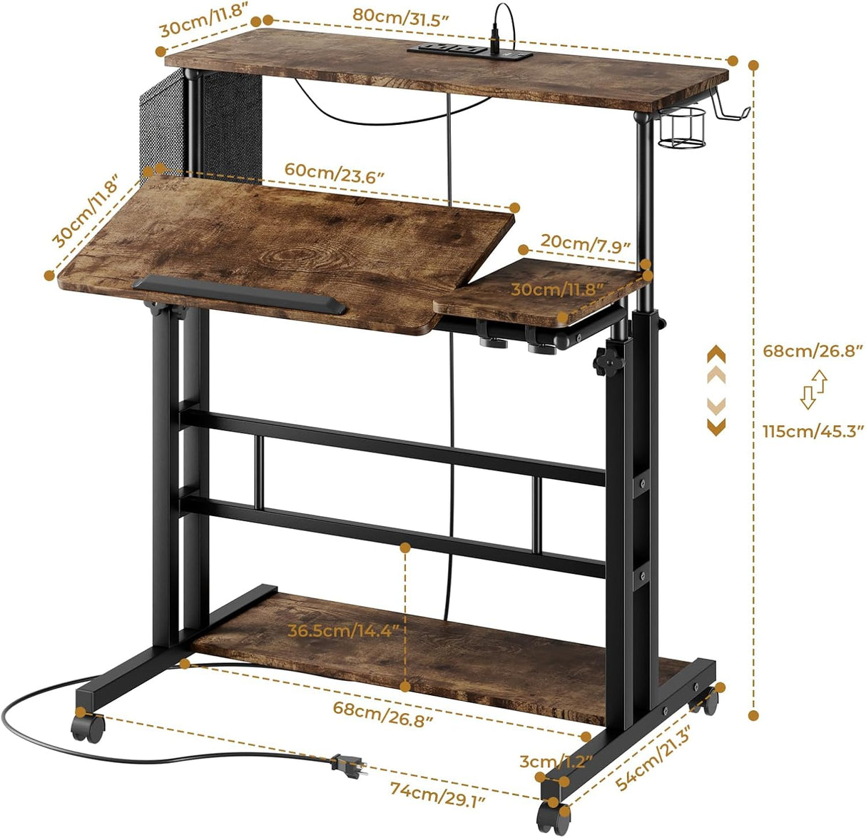 Dripex Mobile Standing Desk with Power Outlets & Strip Lights