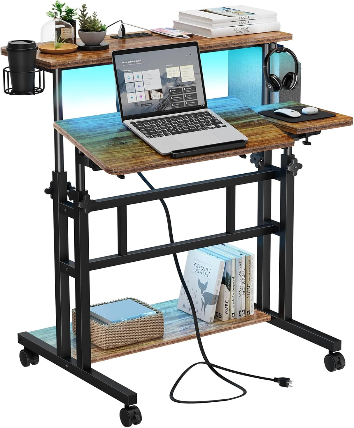 Dripex Mobile Standing Desk with Power Outlets & Strip Lights