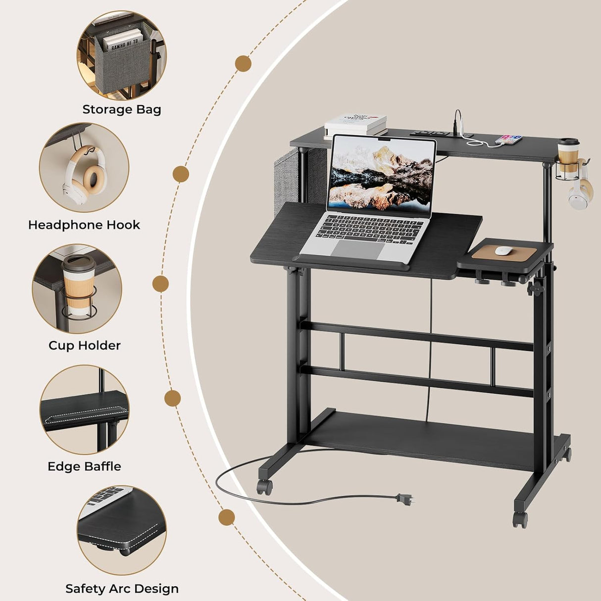 Dripex Mobile Standing Desk with Power Outlets & Strip Lights