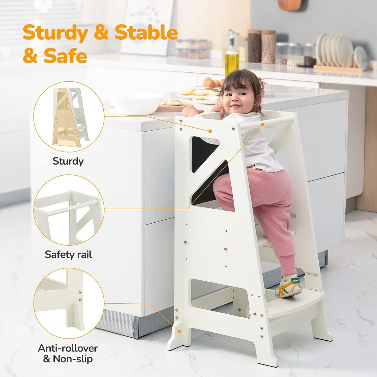 Toddler Kitchen Stool Helper Toddler Tower Kitchen Helper Toddler Step Stool with Message Boards Safty Rail-Adjustable Toddler Tower Kids Kitchen Step Stool for Kitchen Counter Bathroom Sink (Beige)